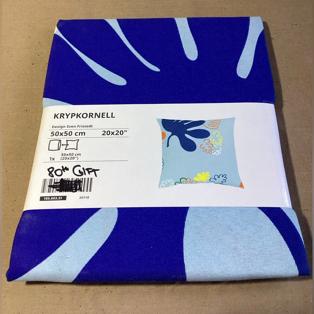 IKEA Nytillverkad KRYPKORNELL Cushion Cover Blue Retro 80s Leaf Print 20x20